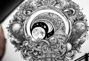 A tattoo design inspired by folklore tales, incorporating mystical creatures and celestial objects such as moons and stars, reflecting the client's love for folklore and celestial objects. tattoo idea