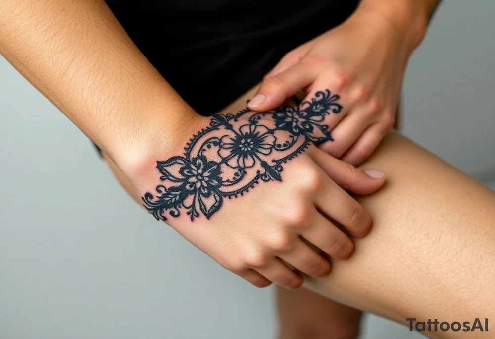 A delicate black lace band wrapped around the wrist, featuring intricate floral and filigree patterns tattoo idea