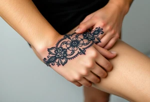 A delicate black lace band wrapped around the wrist, featuring intricate floral and filigree patterns tattoo idea