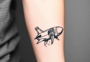 Busted Rocket ship with sparks coming out the back  with astronaut tattoo idea