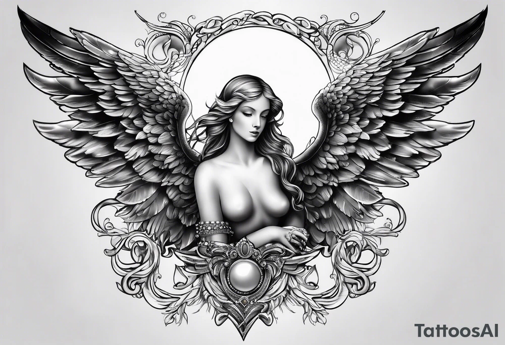 angel wings with pearls tattoo idea
