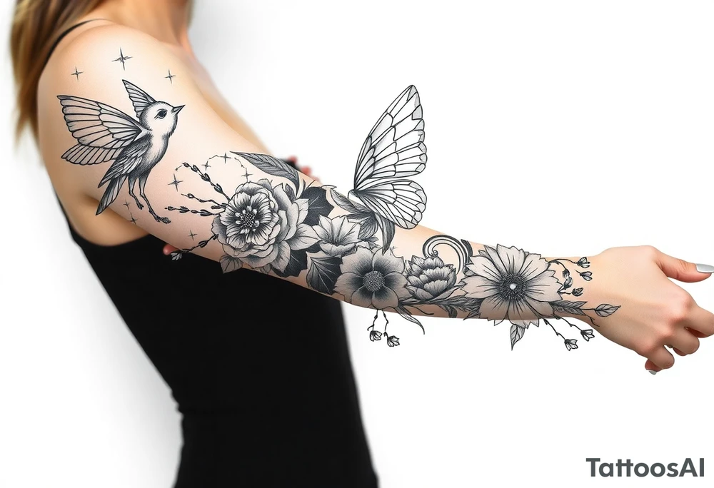 Magical powerful animal sleeve with fairies and flowers tattoo idea