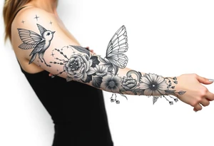 Magical powerful animal sleeve with fairies and flowers tattoo idea