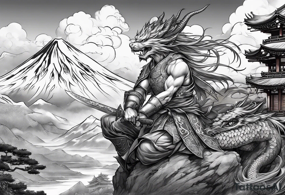 warrior fairy nymph with full body with sword and a full dragon with a mountain with clouds and a Japanese building background tattoo idea