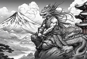 warrior fairy nymph with full body with sword and a full dragon with a mountain with clouds and a Japanese building background tattoo idea