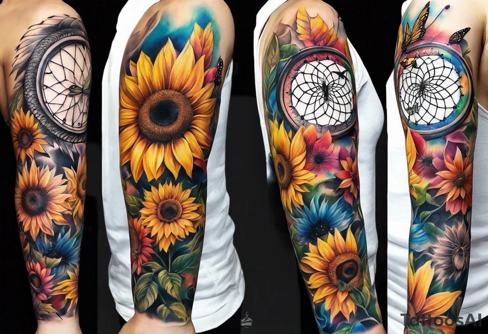 arm sleeve with dreamcatcher, rainbow sunflowers and one butterfly tattoo idea