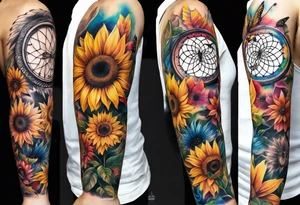 arm sleeve with dreamcatcher, rainbow sunflowers and one butterfly tattoo idea
