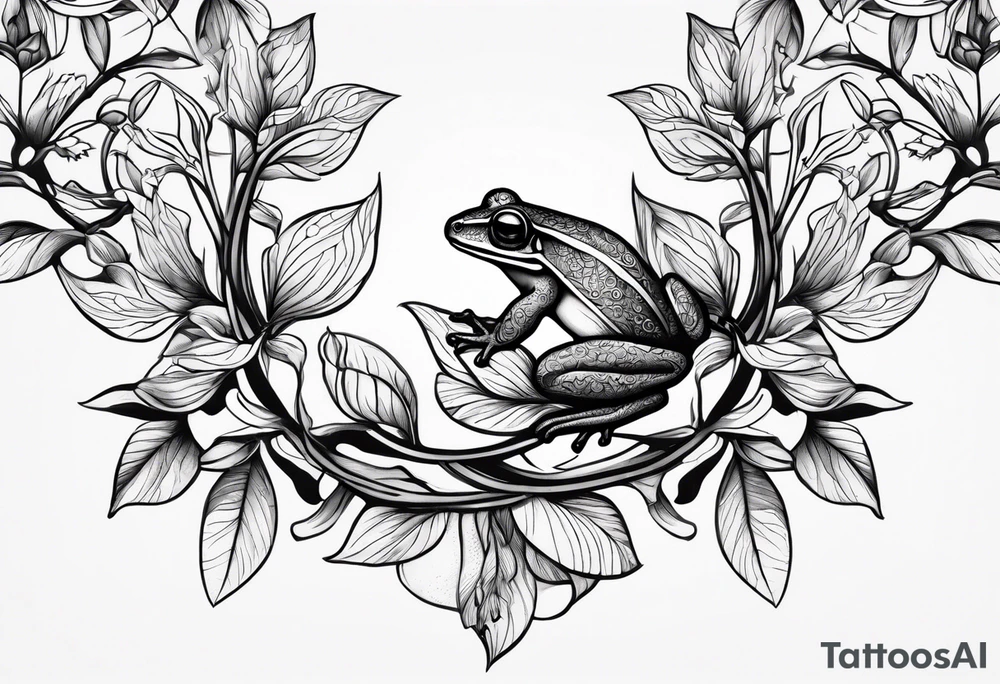 Fine line honeysuckle vine wrapped around forearm in color. Incorporate a small tree frog tattoo idea