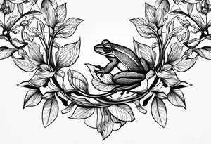 Fine line honeysuckle vine wrapped around forearm in color. Incorporate a small tree frog tattoo idea
