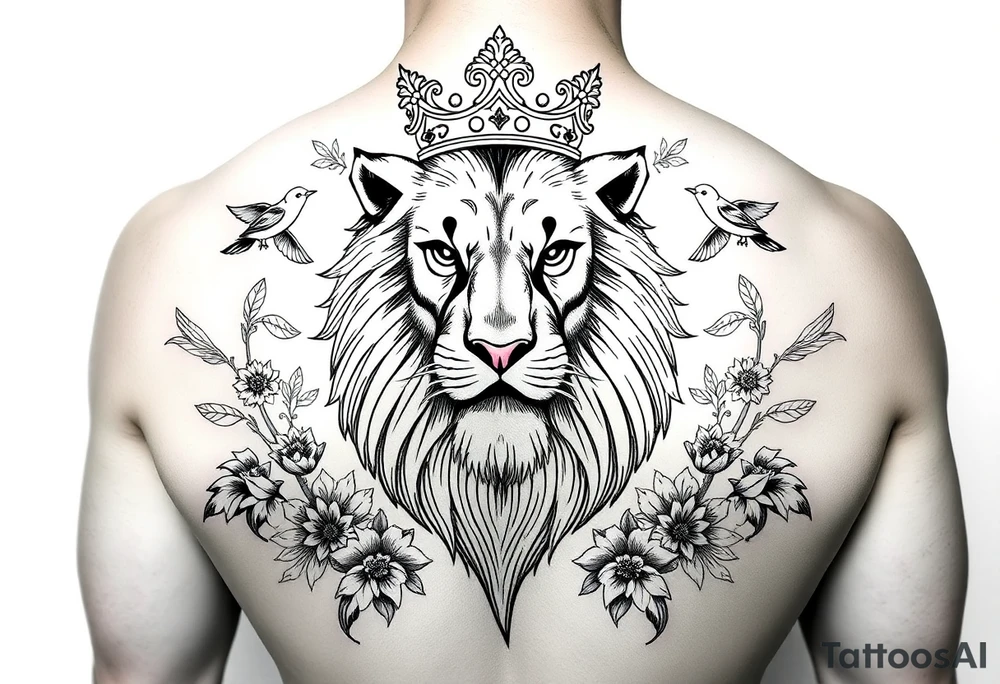 powerful majestic lion with a crown, surrounded by floral ornaments and birds tattoo idea
