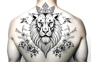 powerful majestic lion with a crown, surrounded by floral ornaments and birds tattoo idea