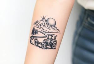 mountain, road, vantage tractor, cow, sunset tattoo idea