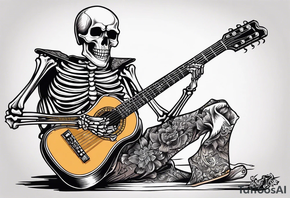 Skeleton playing guitar tattoo idea