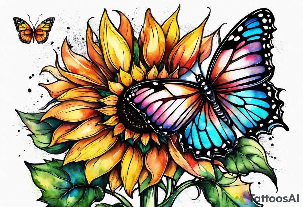 Multi color sunflowers with a butterfly and cross arm sleeve tattoo idea
