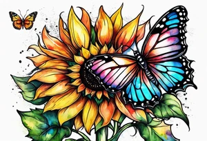 Multi color sunflowers with a butterfly and cross arm sleeve tattoo idea
