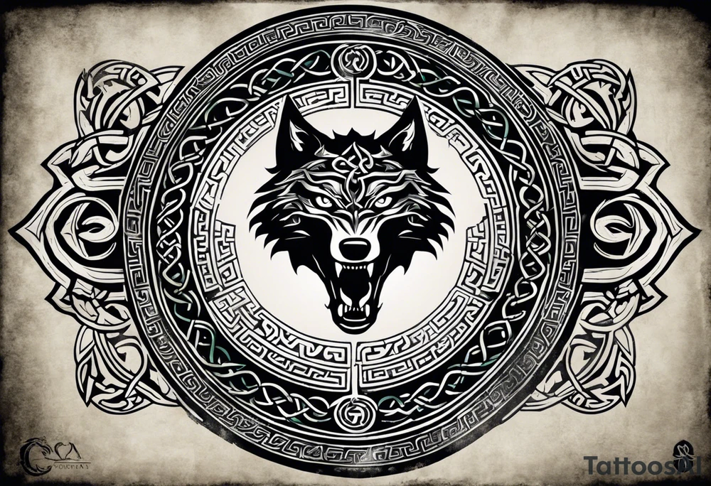 A powerful tattoo design combining Nordic, Greek, and Celtic symbols to represent someone who made you believe in humanity's goodness, only to turn out to be its ultimate betrayer. The centerpiece is a snarling wolf, symbolizing Fenrir, with glowing eyes and an open mouth, representing betrayal and destruction. Surrounding the wolf is the Ouroboros, a serpent eating its own tail, symbolizing the endless cycle of trust and betrayal. The Triskelion, with its three interlocking spirals, appears in the background or as a border, representing the shifting balance between light and dark. Incorporate fire and ice elements to reflect the contrast between warmth (trust) and coldness (betrayal), with Celtic knotwork and runes adding ancient, mystical depth to the design. tattoo idea