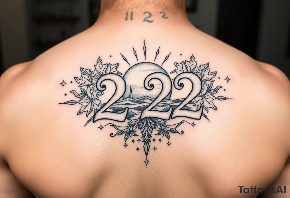 Bold 222 surrounded with sunset and love and stardust and vibration tattoo idea