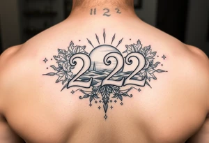 Bold 222 surrounded with sunset and love and stardust and vibration tattoo idea