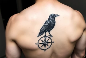 a raven stands on a compass. tattoo idea