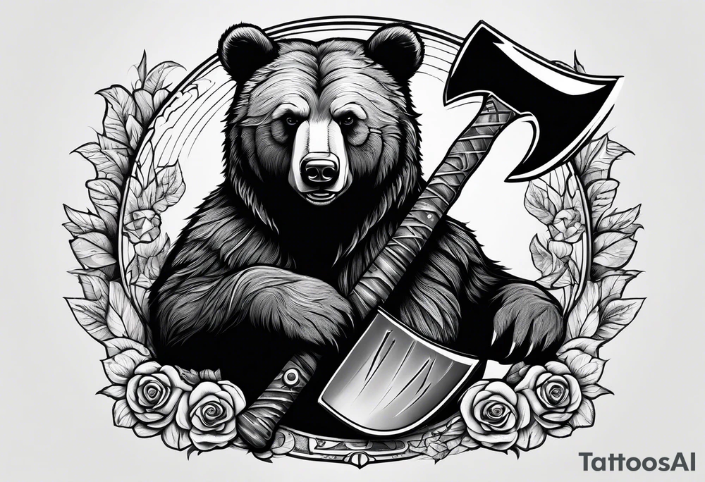Vertically split half teddy bear and half grizzly bear holding a wooden axe tattoo idea