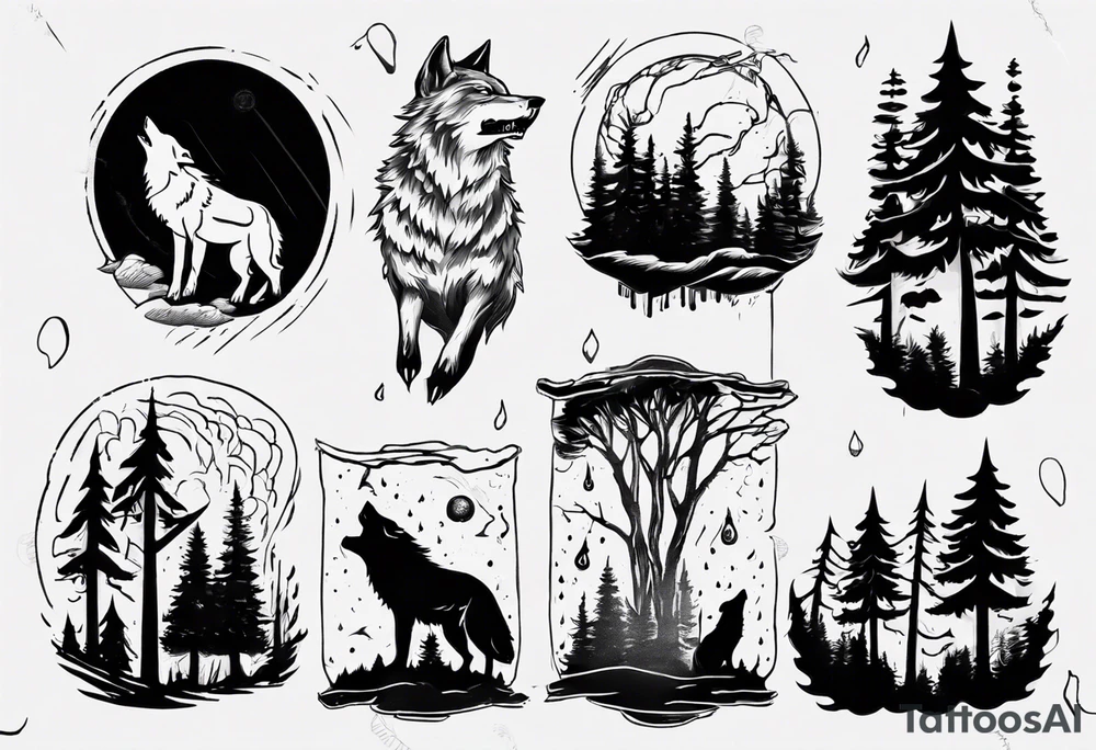 thunderstorm over a forest with a wolf howling on drums tattoo idea thunderstorm over a forest with a wolf howling on drums tattoo idea