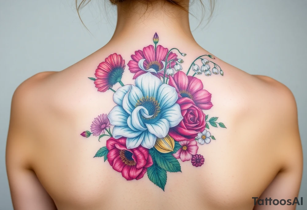 Carnation, Aster,Rose, Lily of the valley, Larkspur, watercolor flowers, middle of back clump together tattoo idea