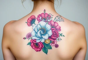 Carnation, Aster,Rose, Lily of the valley, Larkspur, watercolor flowers, middle of back clump together tattoo idea