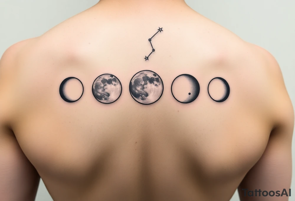 I’d like a vertical tattoo featuring five moon phases in this order: waxing crescent, third quarter, full moon, first quarter, third quarter. Behind the moons, I want the Capricorn constellation represented only by the star points—no connecting lines—arranged in the correct shape behind the moons. The style should be minimalistic, celestial, and elegant tattoo idea