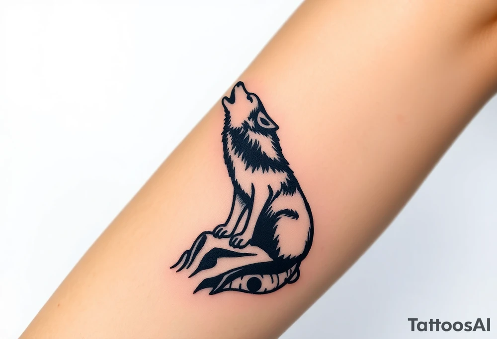 lone wolf howling at full moon with northern lights backdrop tattoo idea