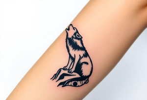 lone wolf howling at full moon with northern lights backdrop tattoo idea