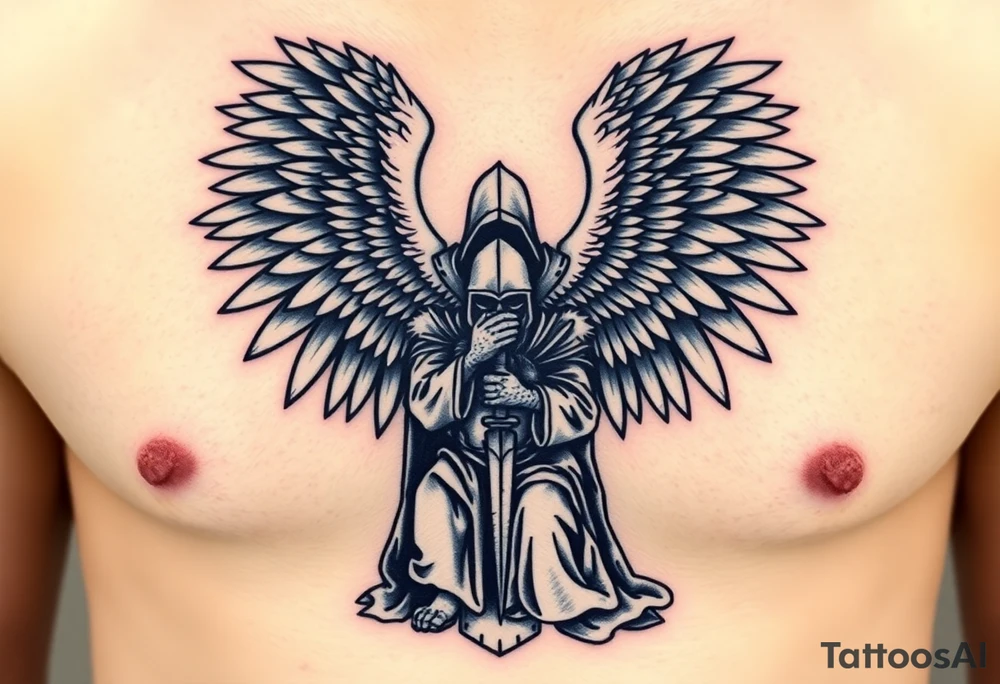 An angelic figure with massive wings standing behind a kneeling Templar, her hand resting on his shoulder in divine guidance tattoo idea