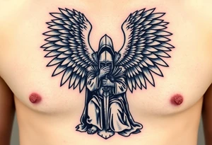 An angelic figure with massive wings standing behind a kneeling Templar, her hand resting on his shoulder in divine guidance tattoo idea