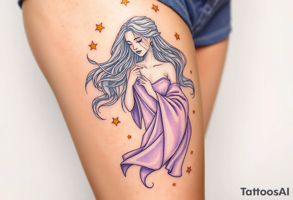 A celestial Virgo goddess with flowing silver hair, dressed in a flowing lavender robe, surrounded by golden stars tattoo idea