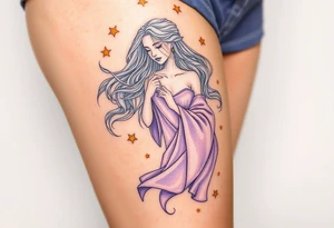 A celestial Virgo goddess with flowing silver hair, dressed in a flowing lavender robe, surrounded by golden stars tattoo idea