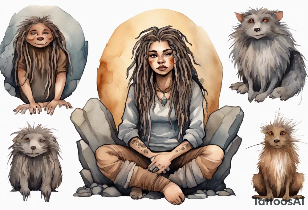 a plump mole woman with large round brown eyes grey fur and messy brown dreadlocks sitting in a simple stone throne in a cave tattoo idea