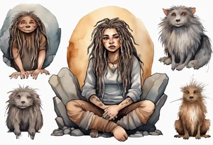 a plump mole woman with large round brown eyes grey fur and messy brown dreadlocks sitting in a simple stone throne in a cave tattoo idea