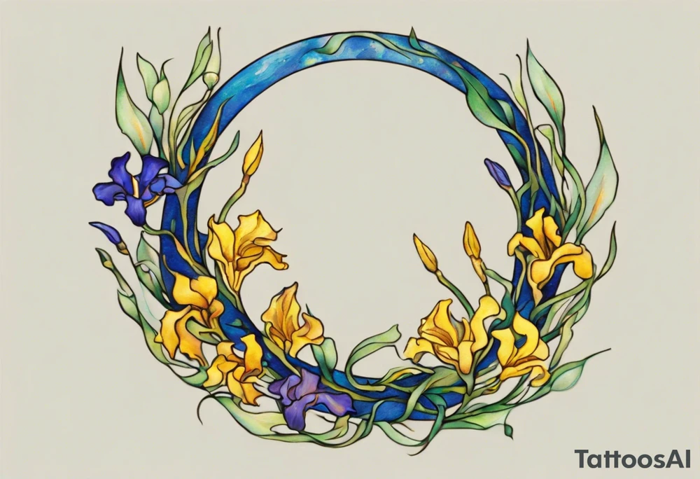 Create a small, colorful Vincent van Gogh Irises tattoo in the form of a crescent, with vines gracefully intertwining at a central point in the middle of the wreath. The intended placement is on the upper chest. The middle needs mountains. The overall design should be small in size while maintaining a delicate and artistic aesthetic. Pay attention to the graceful flow of the vines and the placement of the irises to achieve a refined and elegant look. tattoo idea