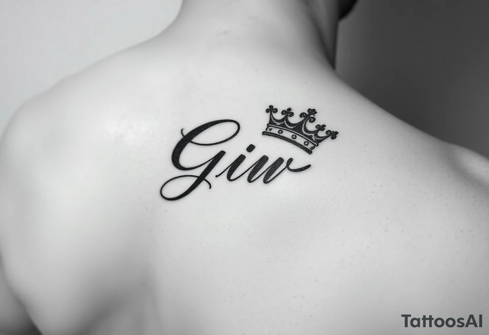Capital G in handwritten script with a crown tilted to the left on the front right shoulder tattoo idea