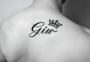 Capital G in handwritten script with a crown tilted to the left on the front right shoulder tattoo idea
