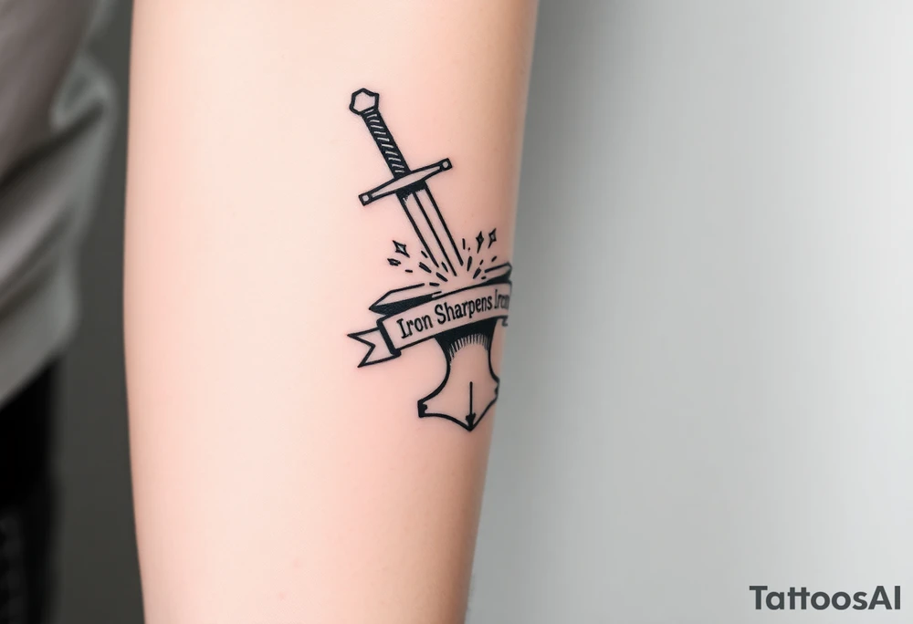 Black ink tattoo sketch of a sword striking an anvil with sparks flying. Banner wrapped around the sword reading “Iron Sharpens Iron.” Forearm tattoo design, bold outlines, no color, hand-drawn sketch style. tattoo idea