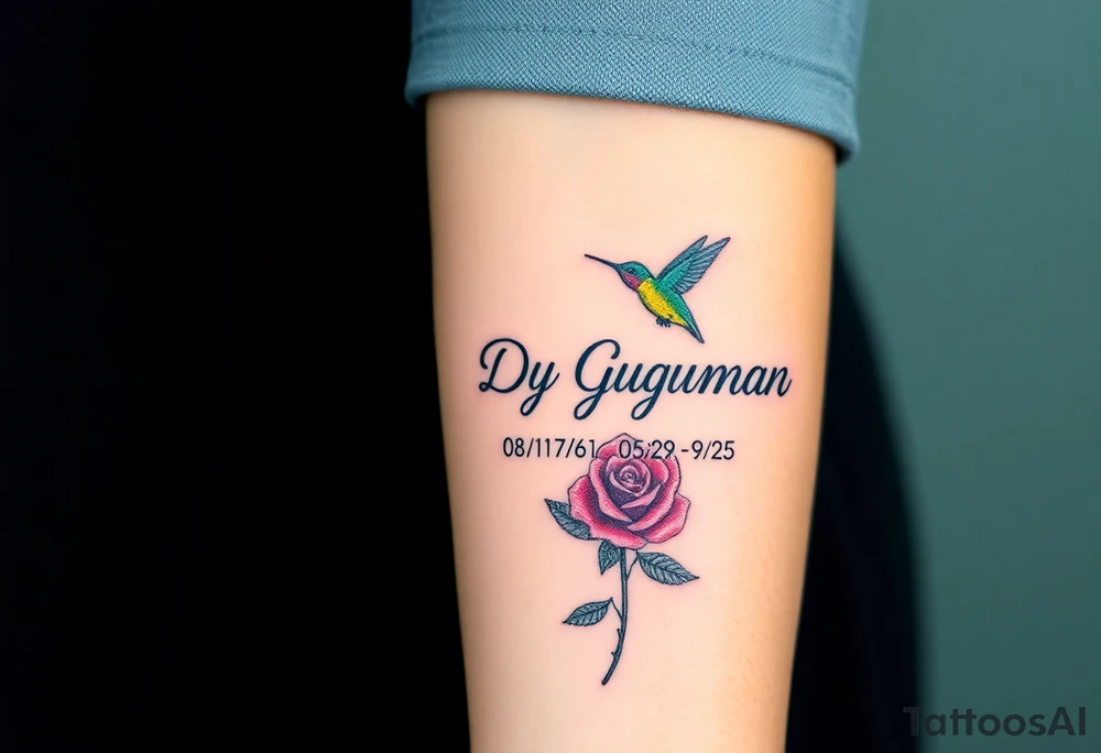 Tattoo of the name Debby Deguzman in chunky bold curly cursive with the exact dates of 08/17/61-05/29/25 surrounded by a hummingbird and a rose tattoo idea