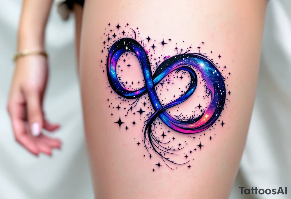A dreamy galaxy-themed infinity with stars and nebula textures, wrapping gently around a violet heart. tattoo idea