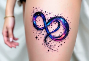 A dreamy galaxy-themed infinity with stars and nebula textures, wrapping gently around a violet heart. tattoo idea