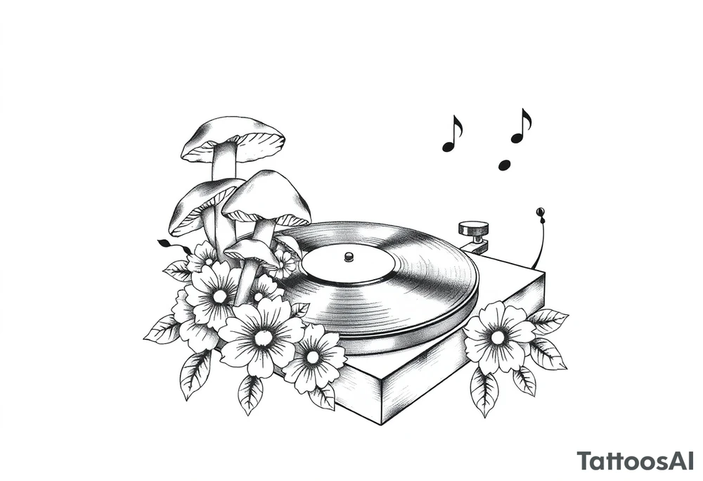 vinyl record player with mushrooms, flowers, and music notes around it tattoo idea