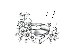 vinyl record player with mushrooms, flowers, and music notes around it tattoo idea