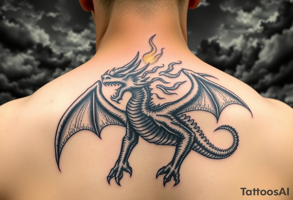 fierce dragon breathing iridescent fire against stormy skies tattoo idea