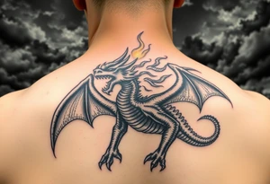 fierce dragon breathing iridescent fire against stormy skies tattoo idea