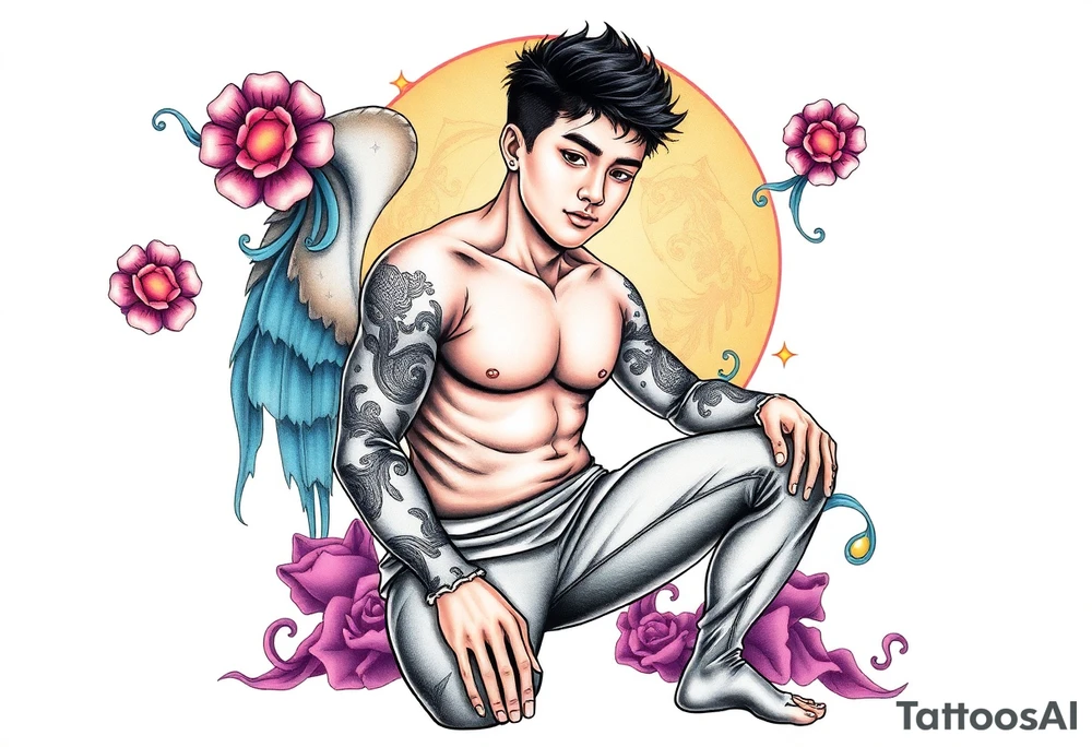 Handsome Asian young guy is standing on his knees tattoo idea