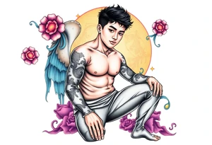 Handsome Asian young guy is standing on his knees tattoo idea