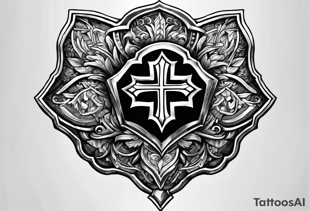 pauldron armor piece with a cross in the center and a paw print tattoo idea